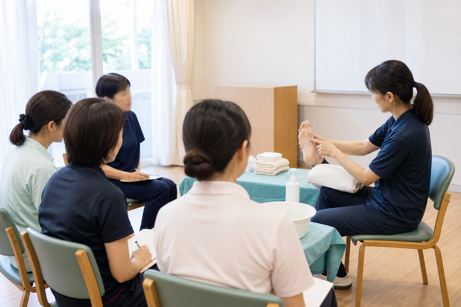 介護施設の職員がフットケアの観察と実技を学ぶ研修イメージ