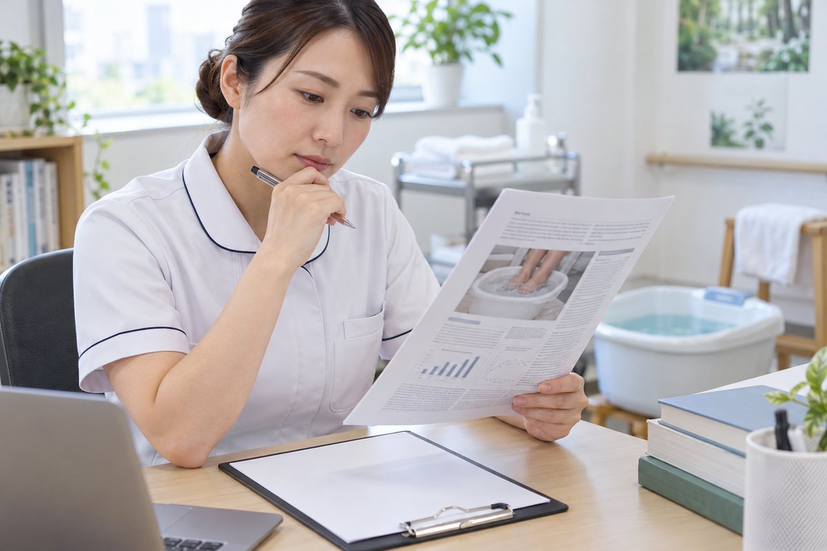 足浴の研究条件と手順を資料で確認する様子