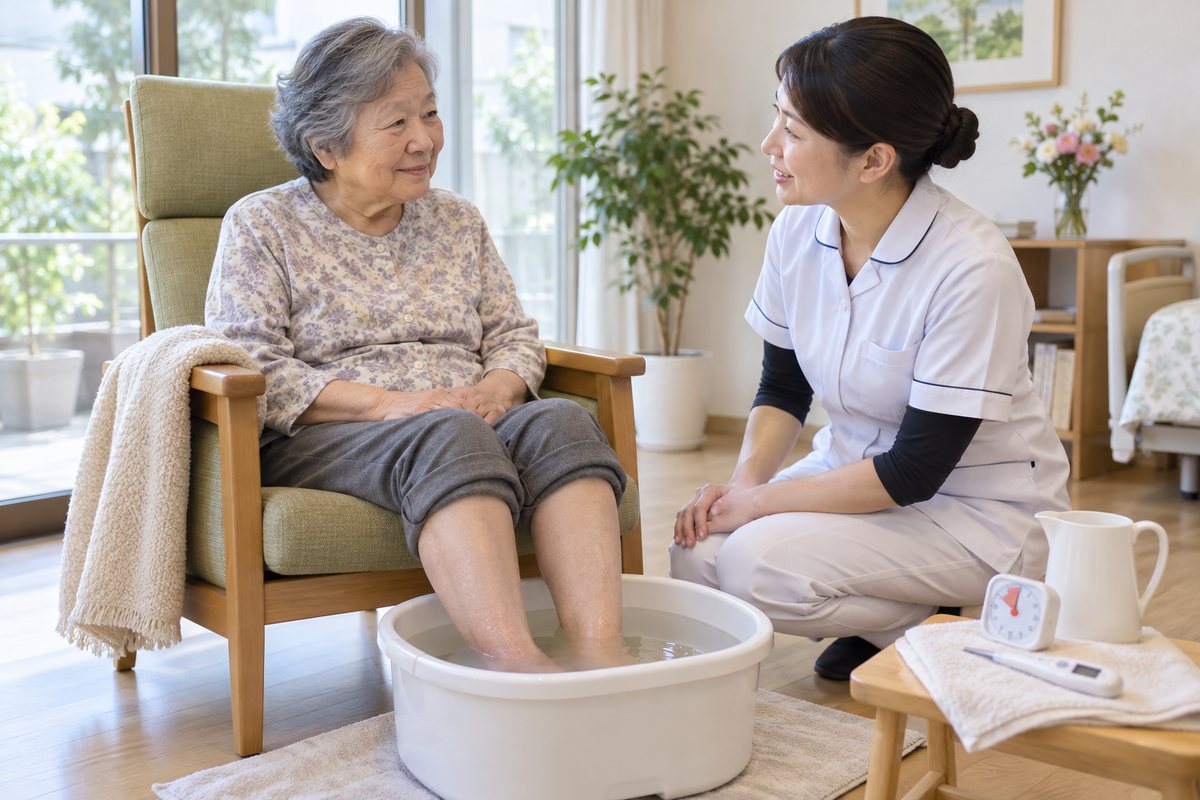 足浴中の表情と体調を確認する看護・介護の様子