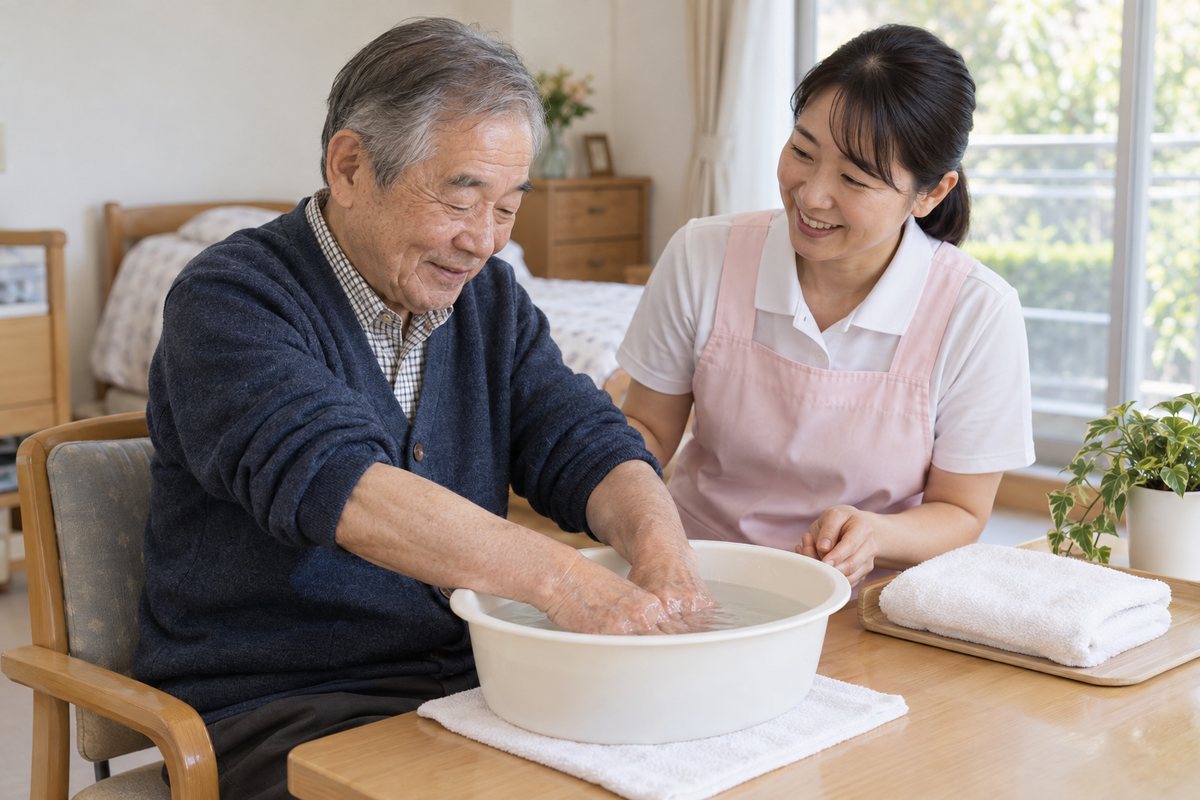 手浴で本人の洗う動作を見守る看護・介護の様子