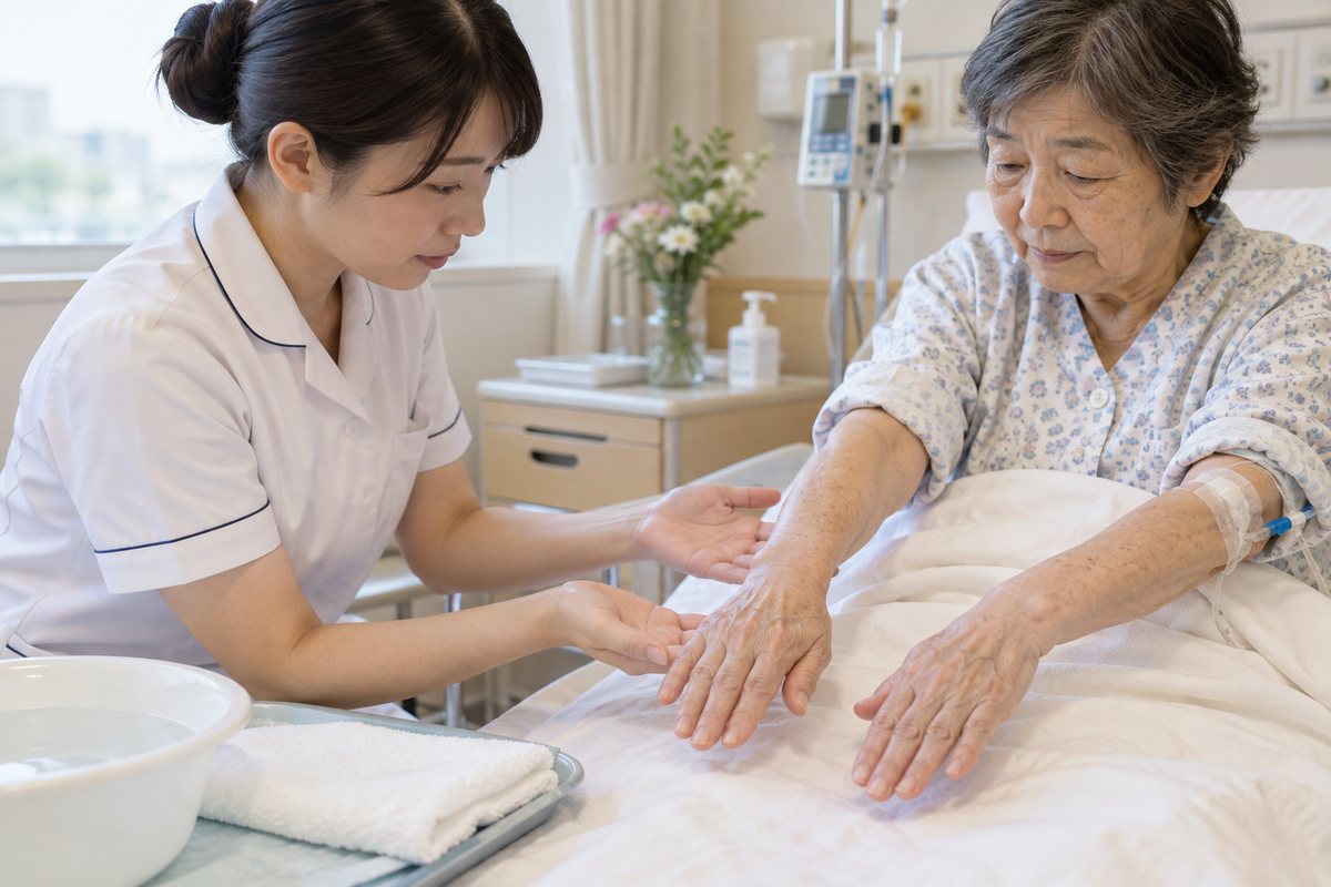 手浴前に左右の手と爪周囲を観察する様子