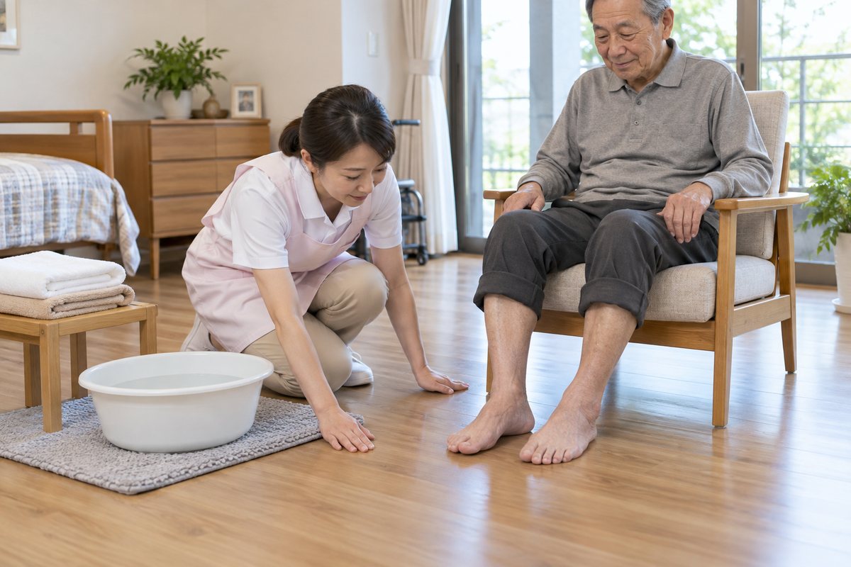 足浴前に足の皮膚と周囲の安全を確認する様子