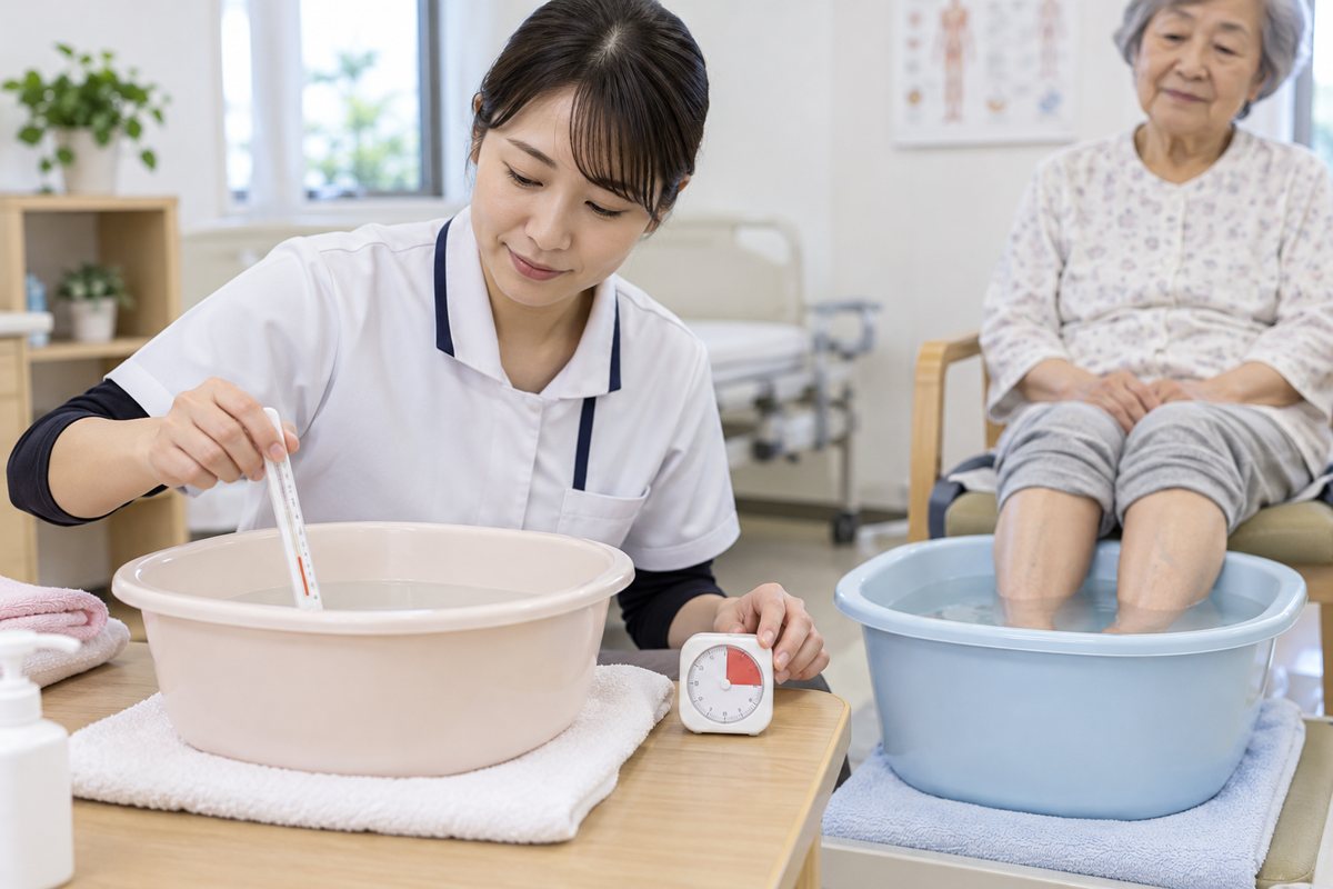 湯温と時間を確認しながら安全な姿勢で部分浴を行う様子