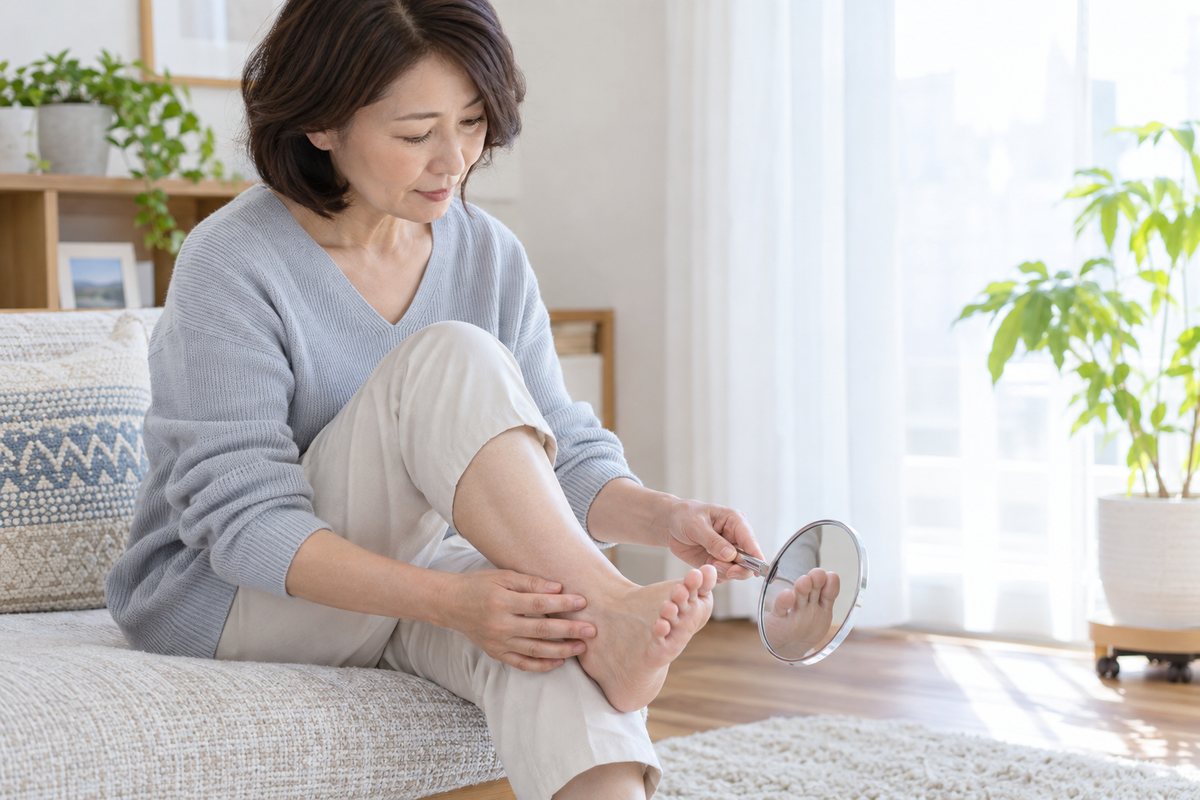 足の指の間の皮膚を明るい場所で確認する様子