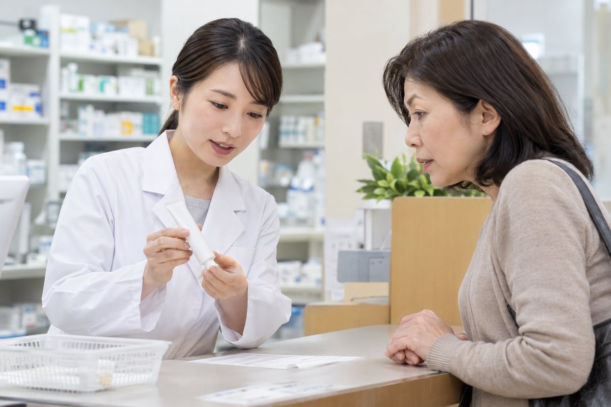 足指の皮膚に使う外用薬について薬剤師へ相談する様子