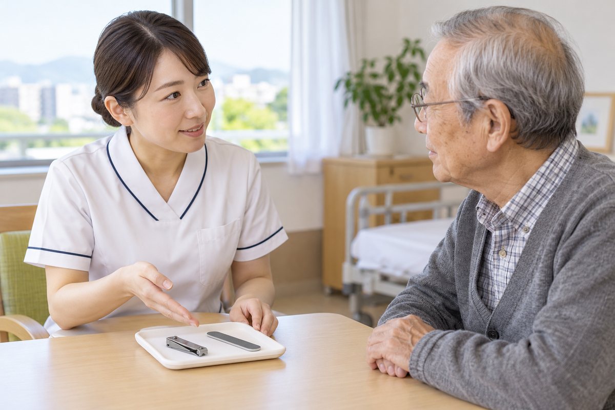 爪切りの前に本人へ目的を説明する看護・介護の様子