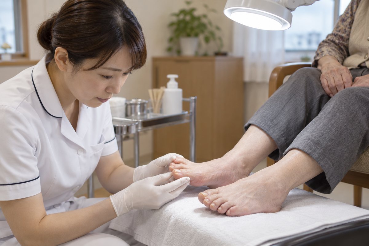 爪切り前に爪と皮膚の異常がないか確認する様子