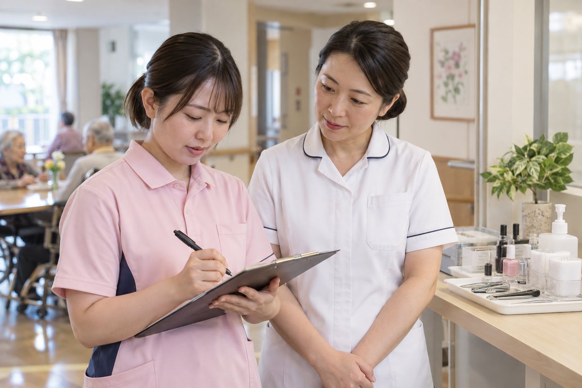 爪の異常を記録して看護職へ報告する様子